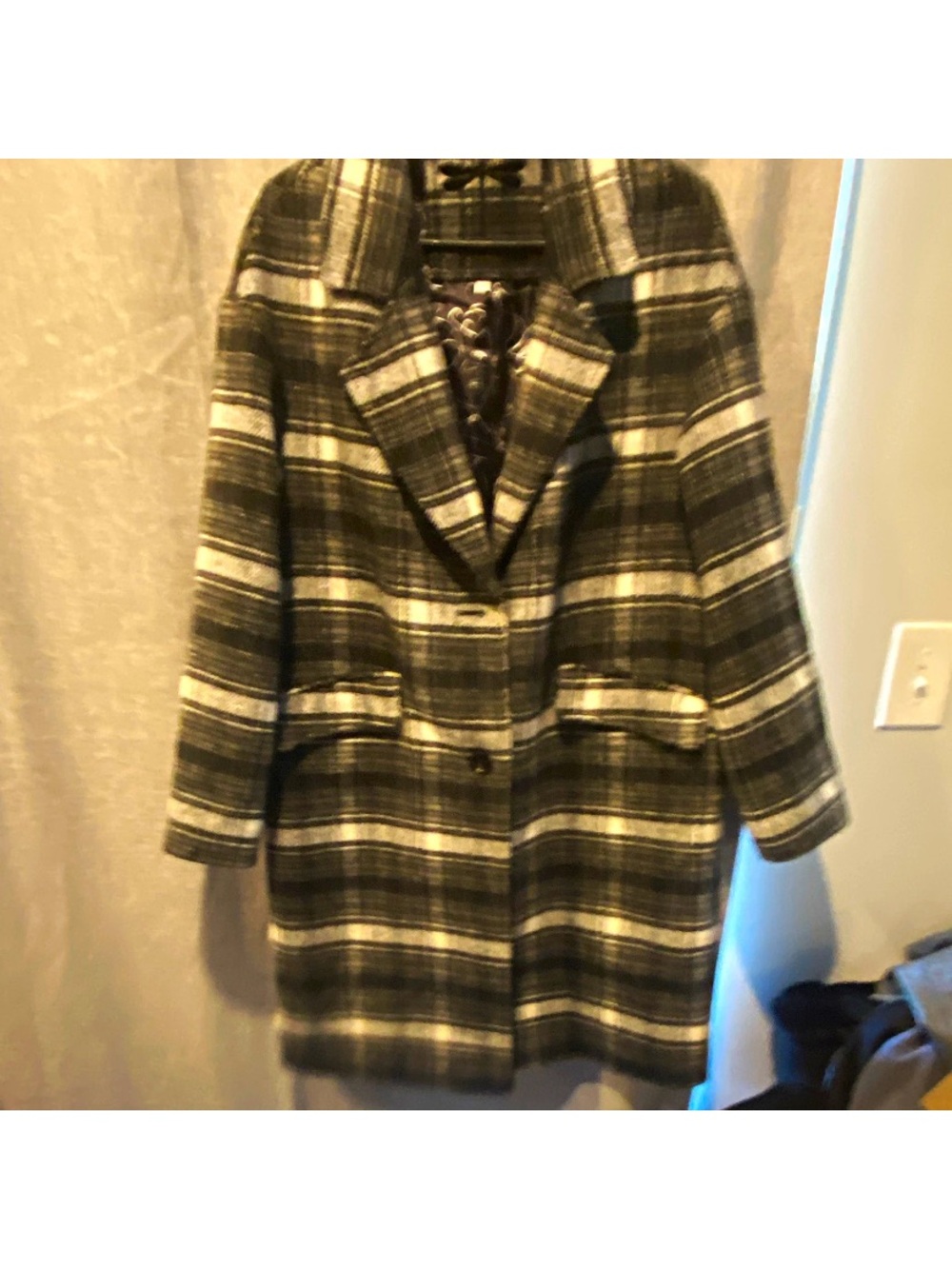BB Dakota Olive Green & Cream Plaid Pea Coat